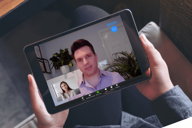 Zoom video call on a tablet with Andrew on screen